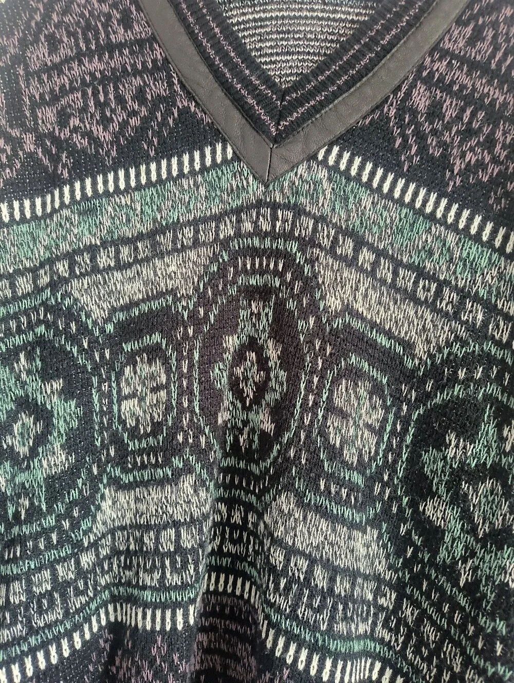 Vintage Impact Grandpa Sweater V Neck with Faux Leather Accent XL Coogi Style